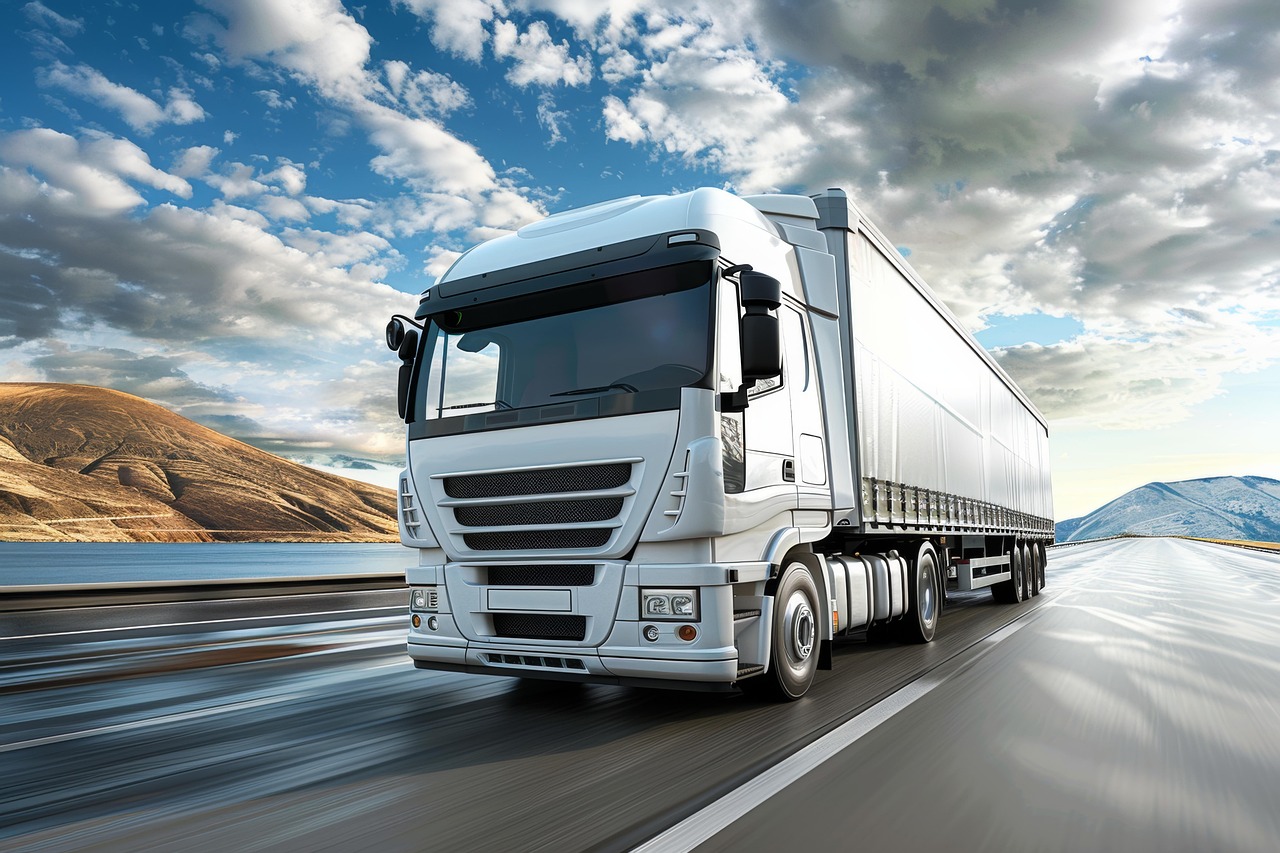 Truck driving on highway fast with clouds in background